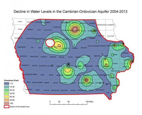 Illustration of the decline in water levels in the Cambrian-Ordovician Aquifer 2004-2013