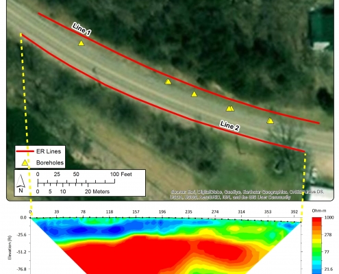 Electrical resistivity lines are shown in red on Highway 52. The graphic represents characteristics of the subsurface.