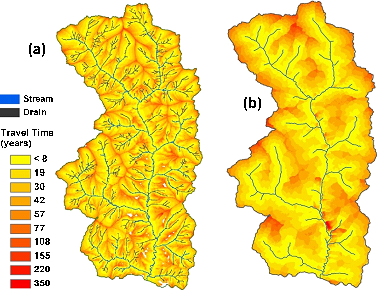 Graphic showing spatial distributions of travel times at Walnut Creek Watershed