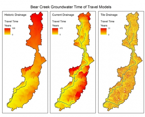 Graphics showing Bear Creek groundwater travel times