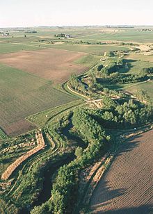 A riparian buffer of vegetation lining Bear Creek in Story County, Iowa.