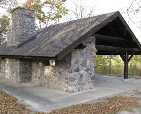 The stone picnic shelter at Pilot Knob State Park