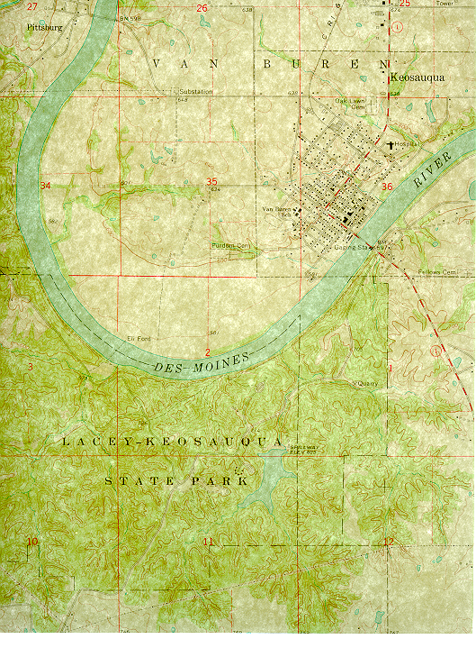 Topographic map view: Sharp contrasts in terrain at Lacey-Keosauqua State Park appear on the Keosauqua Quadrangle