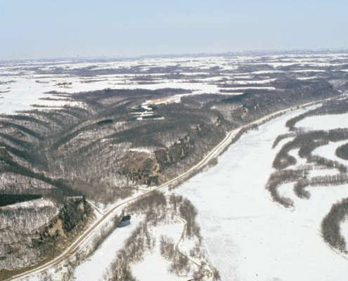 Aerial photo of the Mississippi River Valley in winter