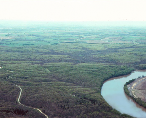 Aerial photo of land and river