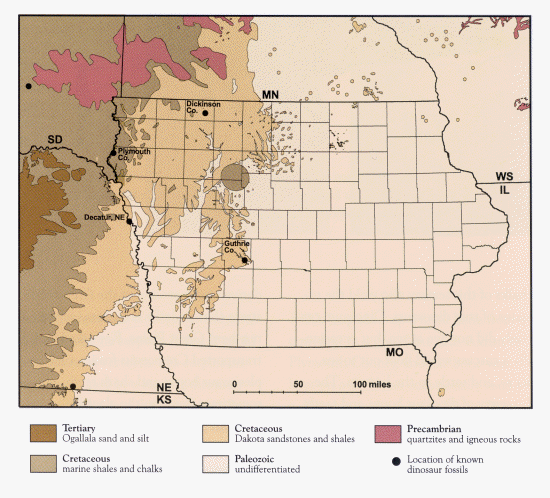 Map showing locations of known dinosaur fossils in Iowa