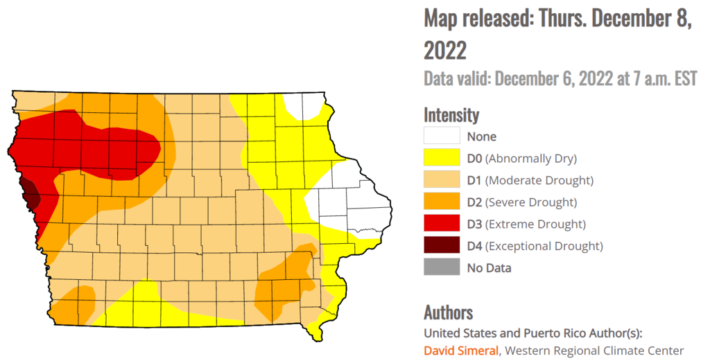 Map showing USDM drought classifications for Iowa, as of Dec 8, 2022.