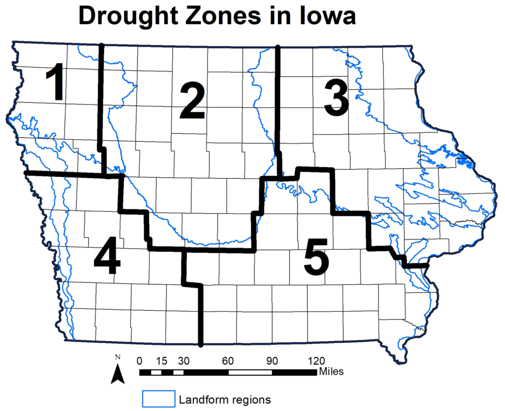 Map showing the five drought regions of Iowa. Prior’s landform regions are also displayed.