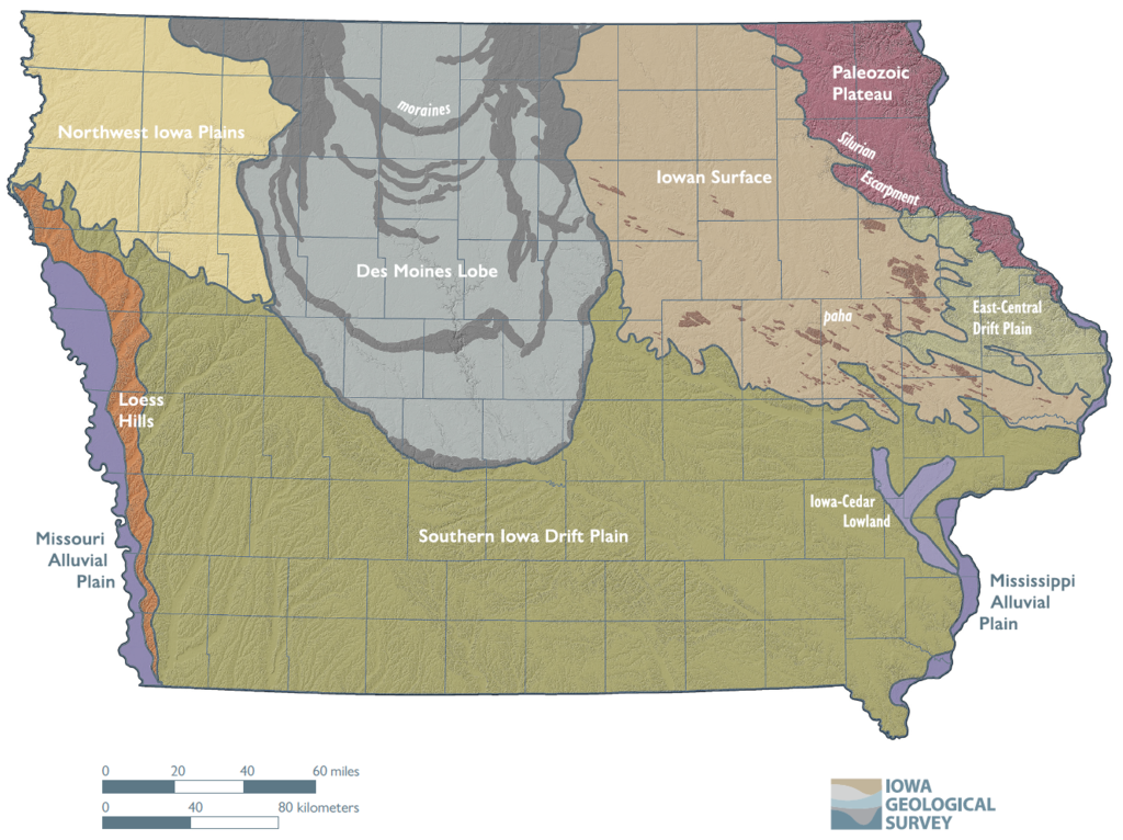 Map showing Prior’s landform regions of Iowa