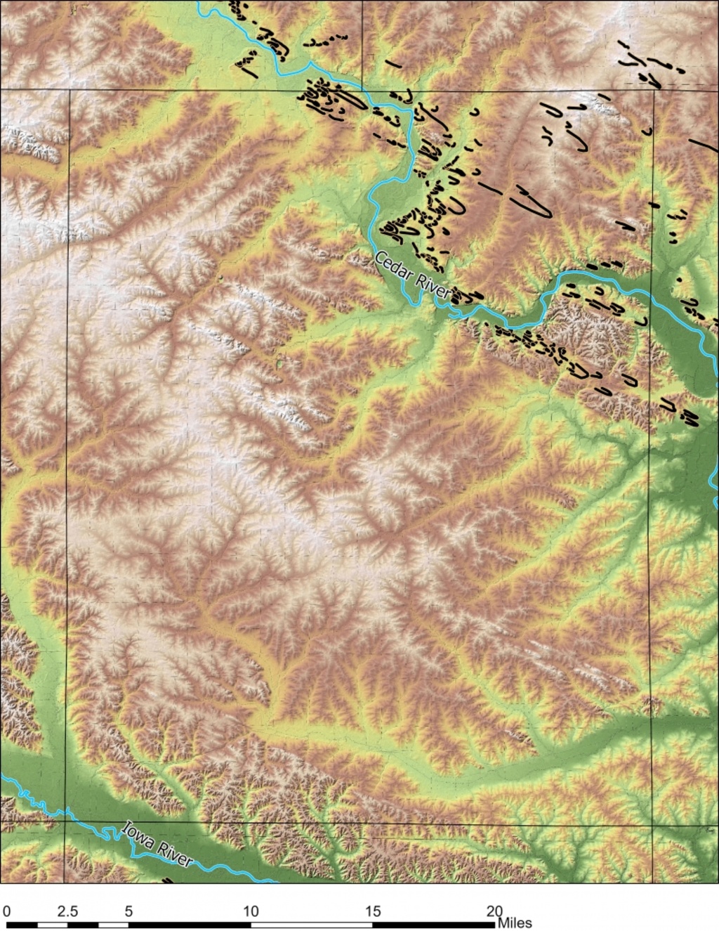 Benton County shows the contrast between the Cedar and Iowa River valleys. The Cedar has numerous dunes (black lines) coming out of the valley while the Iowa largely lacks these features.
