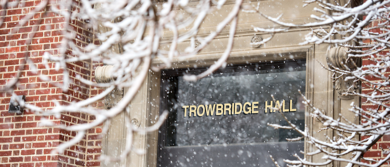 Photo of Trowbridge Hall on a snowy day