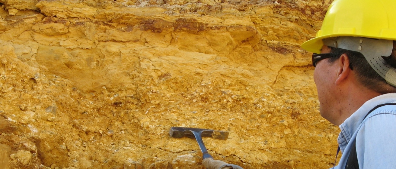 A researcher scraping a yellow cliff