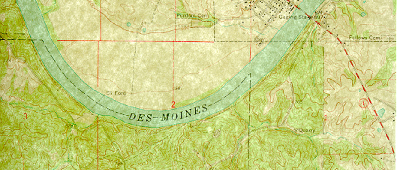Topographic map view: Sharp contrasts in terrain at Lacey-Keosauqua State Park appear on the Keosauqua Quadrangle