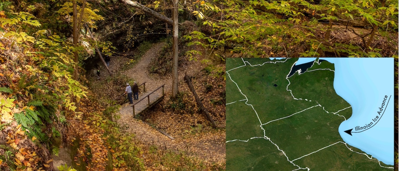 Photo of a fall trail with inset map