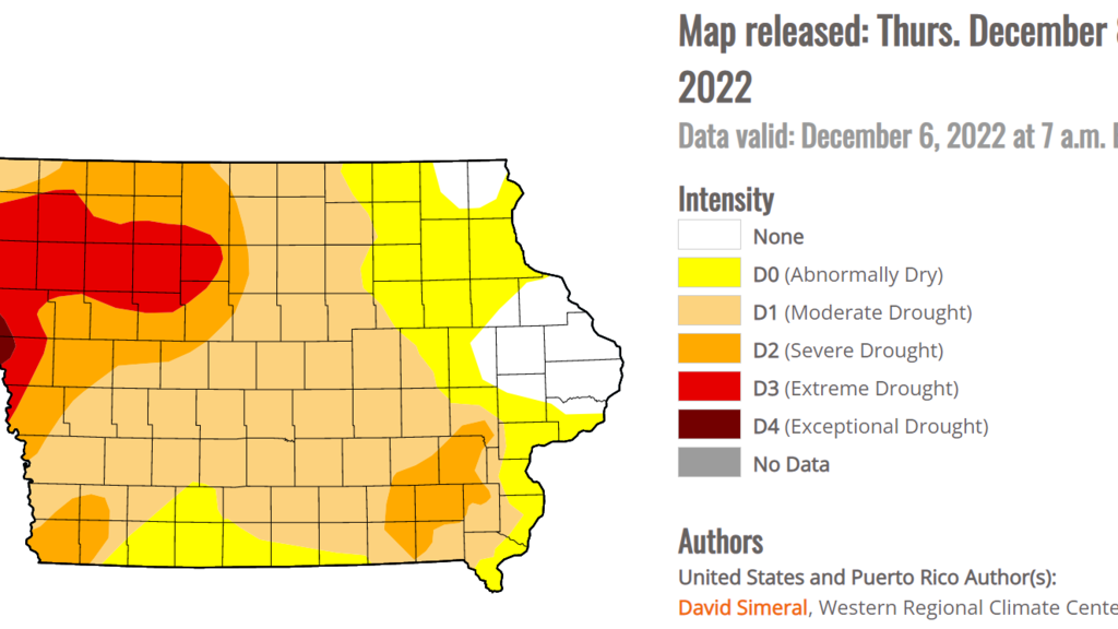Map showing USDM drought classifications for Iowa, as of Dec 8, 2022.