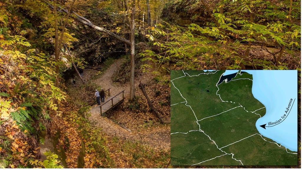 Photo of a fall trail with inset map