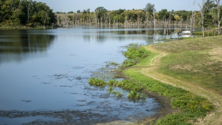 Farm pond in southeast Iowa built to store water and mitigate flooding
