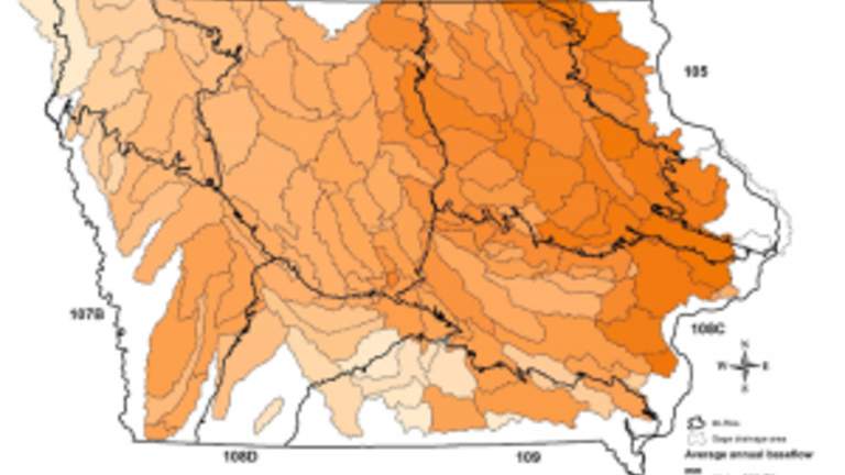 Map showing average annual recharge in Iowa based on baseflow measured at 132 stream